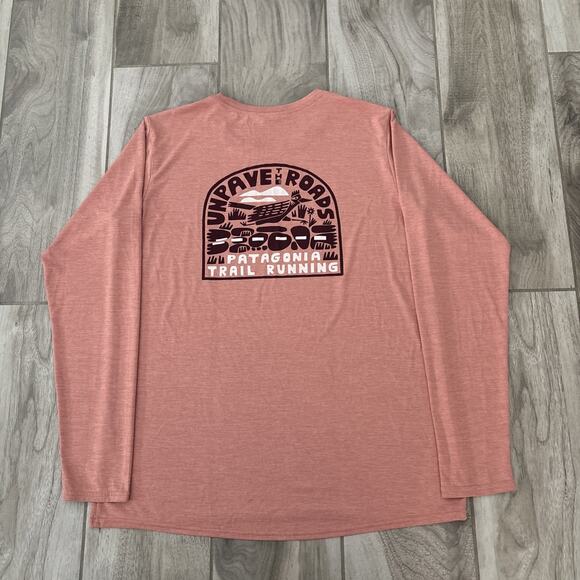 Patagonia T-Shirt Capilene Cool Mens L Orange Unpave the Roads Trail Running - Picture 1 of 10